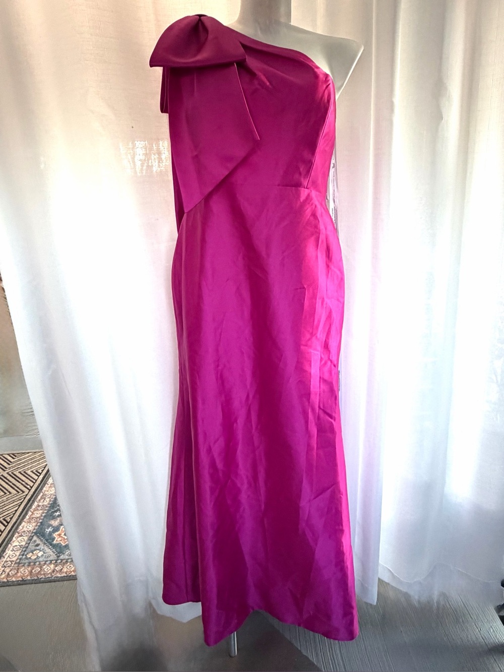 Alfred Sung One Shoulder Bow Formal Gown Size 16R Dark Pink Satin NWT
